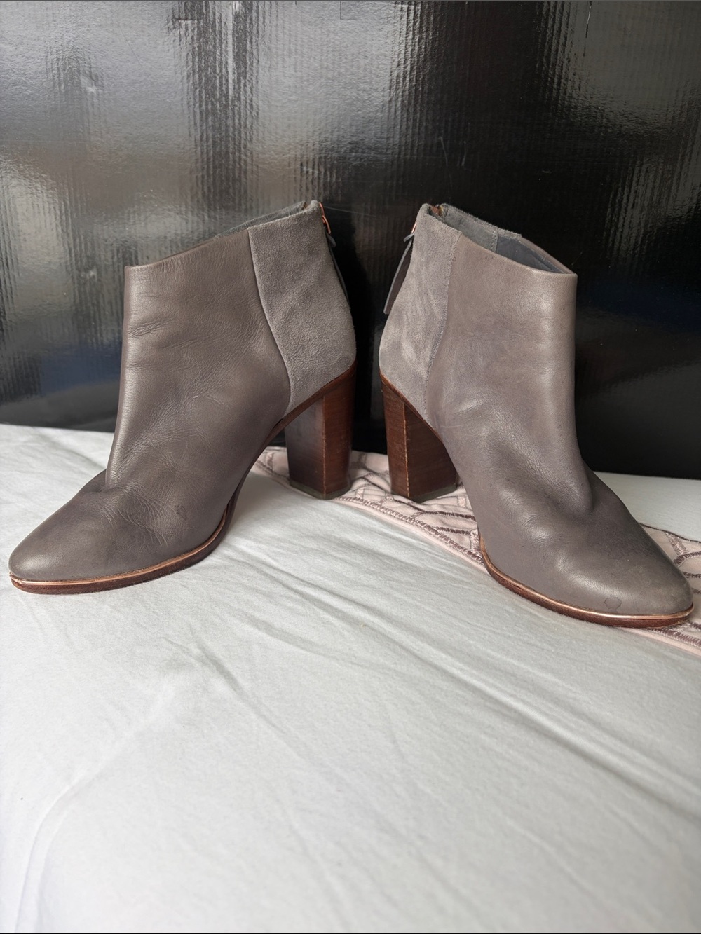 Ted Baker London Charcoal Gray Leather & Suede Block Heel Booties